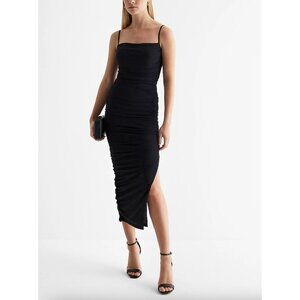 NWT Express Black Ruched Spaghetti Strap Stretch Bodycon Side Slit Midi Dress